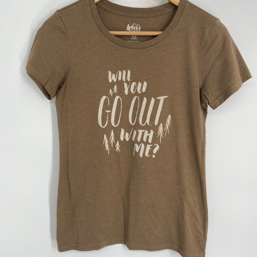 REI Co-op Top Womens XS Brown “Will you go out with me” Whimsical Outdoor Hiking